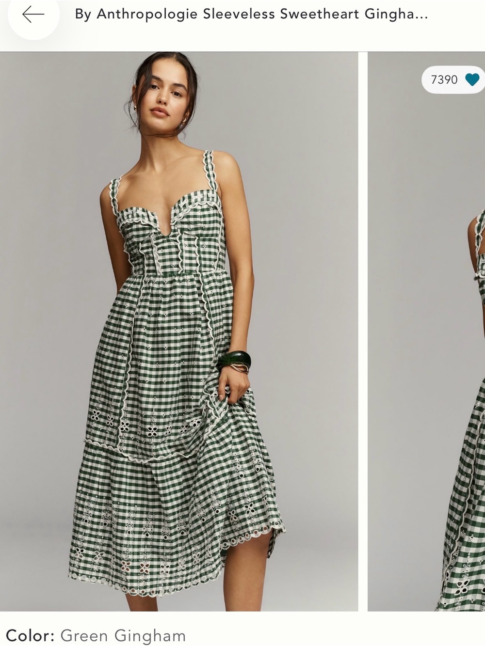 Anthropologie Green Gingham Sleeveless Sweetheart Midi Dress